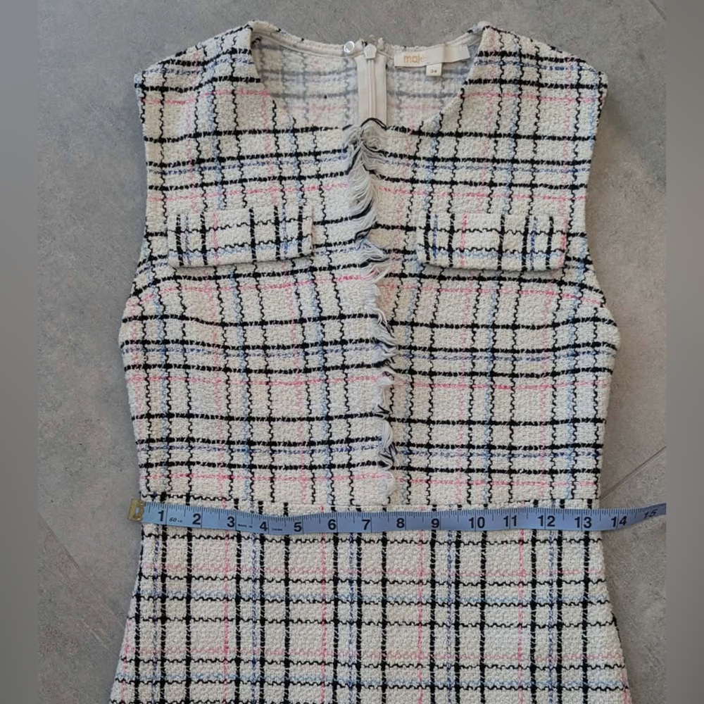 Maje Rianey Tweed Dress Size 34 Cream Plaid Fringe - Anthropologie dress - Picture 5 of 12